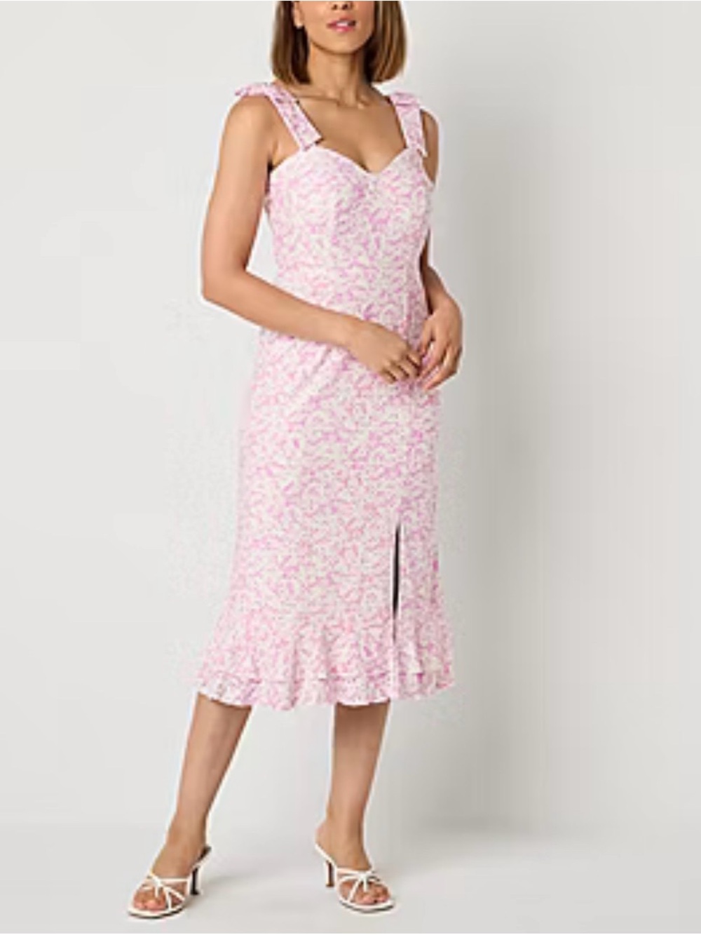 Ronni Nicole Pink Floral Midi Dress with Ruffle Hem